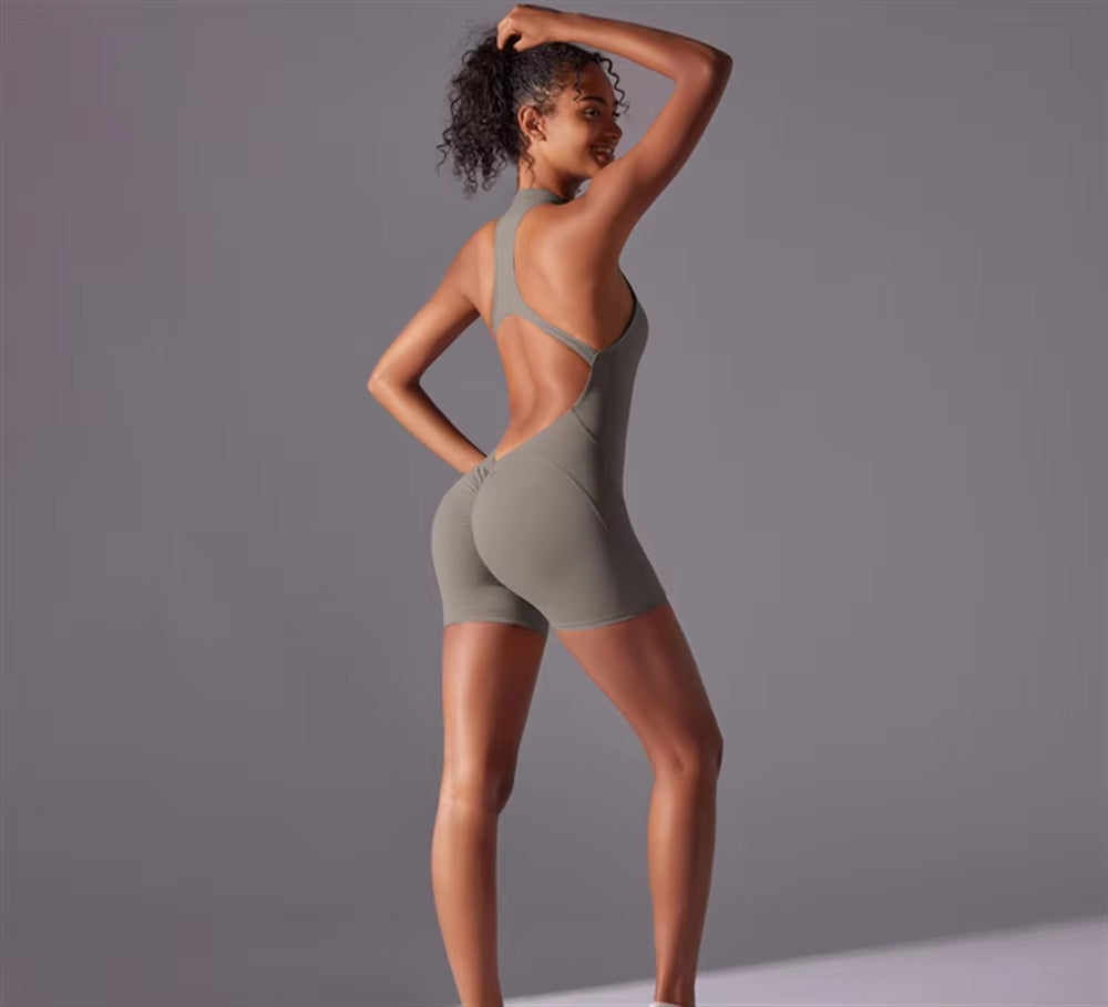 Solid Color High-Intensity Nude Tight Fitting Sports Back Jumpsuit Yoga Suit Tight Fitting Running Fitness Suit