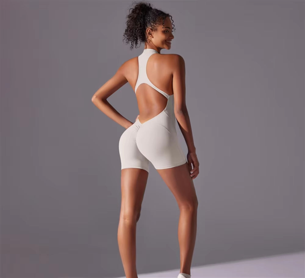Solid Color High-Intensity Nude Tight Fitting Sports Back Jumpsuit Yoga Suit Tight Fitting Running Fitness Suit
