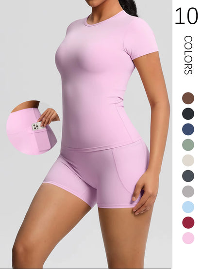 Workout Sportswear 2Pcs Piece Female Yoga Shirt Push up Workout Clothes Women Outdoors Sport High Waist Fitness Sport Shorts