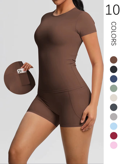 Workout Sportswear 2Pcs Piece Female Yoga Shirt Push up Workout Clothes Women Outdoors Sport High Waist Fitness Sport Shorts